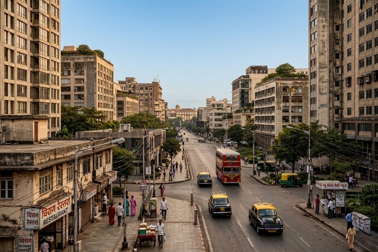 City today — early green adoption, EVs, solar panels, pockets of greenery